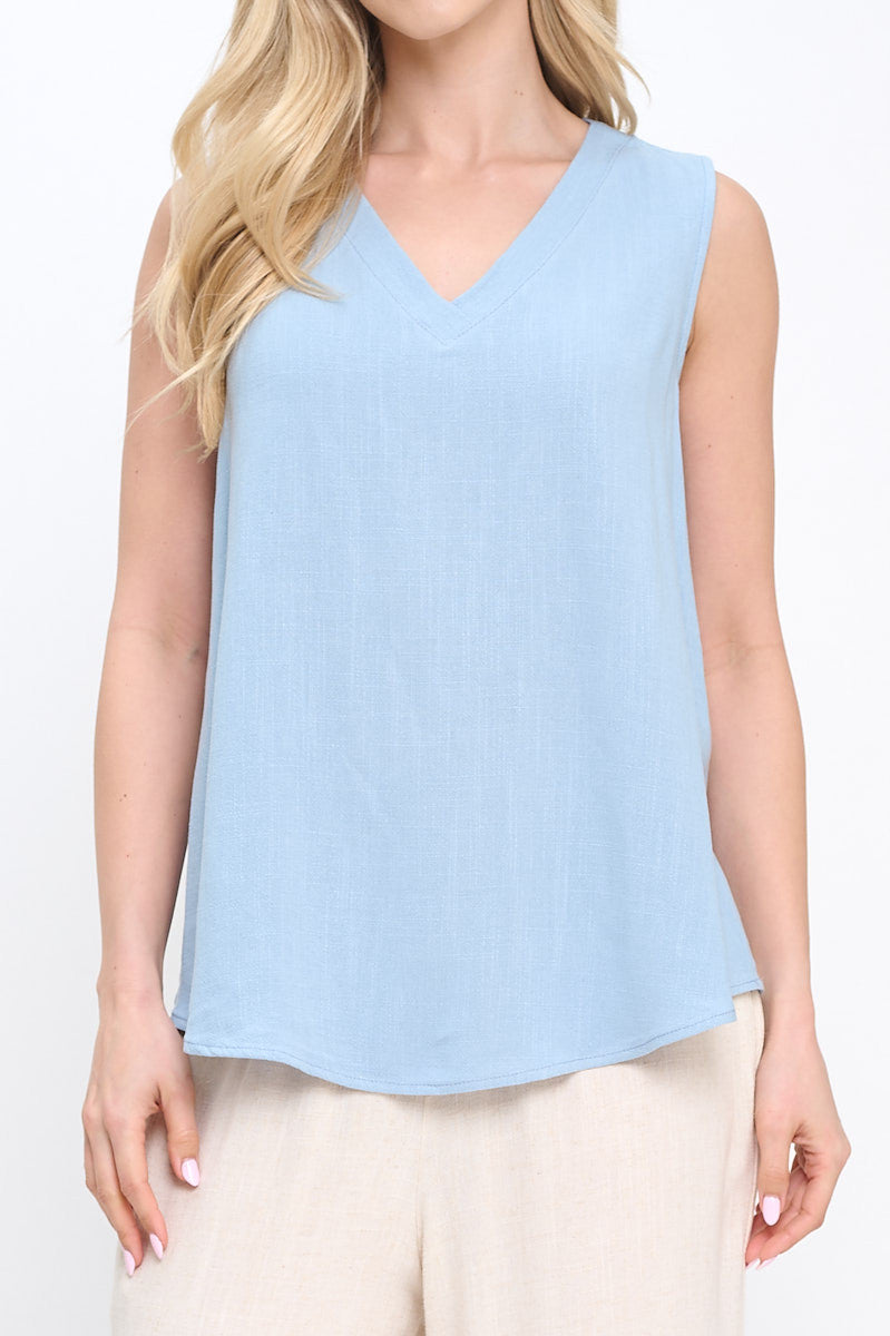 Linen Solid V neck Sleeveless Top