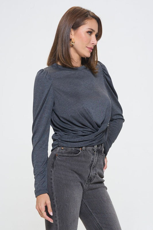 Knit Top with Puff Long Sleeve and Front Twist