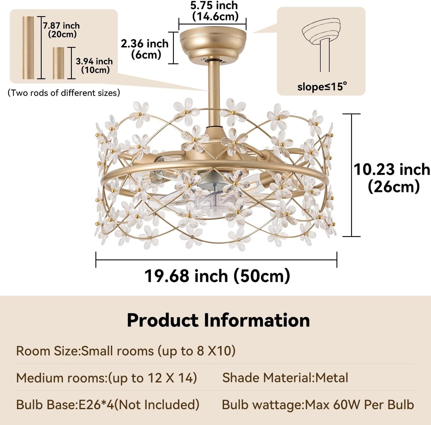 20 Inch Gold Caged Ceiling Fan With Light Remote Control 6 Speed Flower Chandelier Fandelier For Girls Bedroom