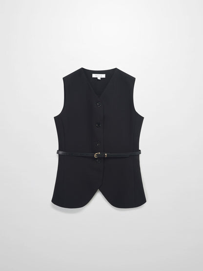 Button Down Crepe Vest-Black