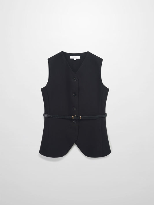 Button Down Crepe Vest-Black