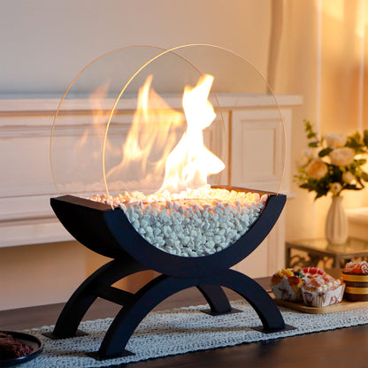 Portable Round Tabletop Fireplace 48cm H – Clean Burning Bio Ethanol, Ventless Glass Fire Bowl,