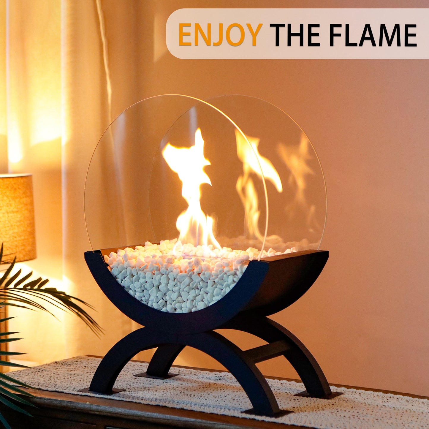 Portable Round Tabletop Fireplace 48cm H – Clean Burning Bio Ethanol, Ventless Glass Fire Bowl,