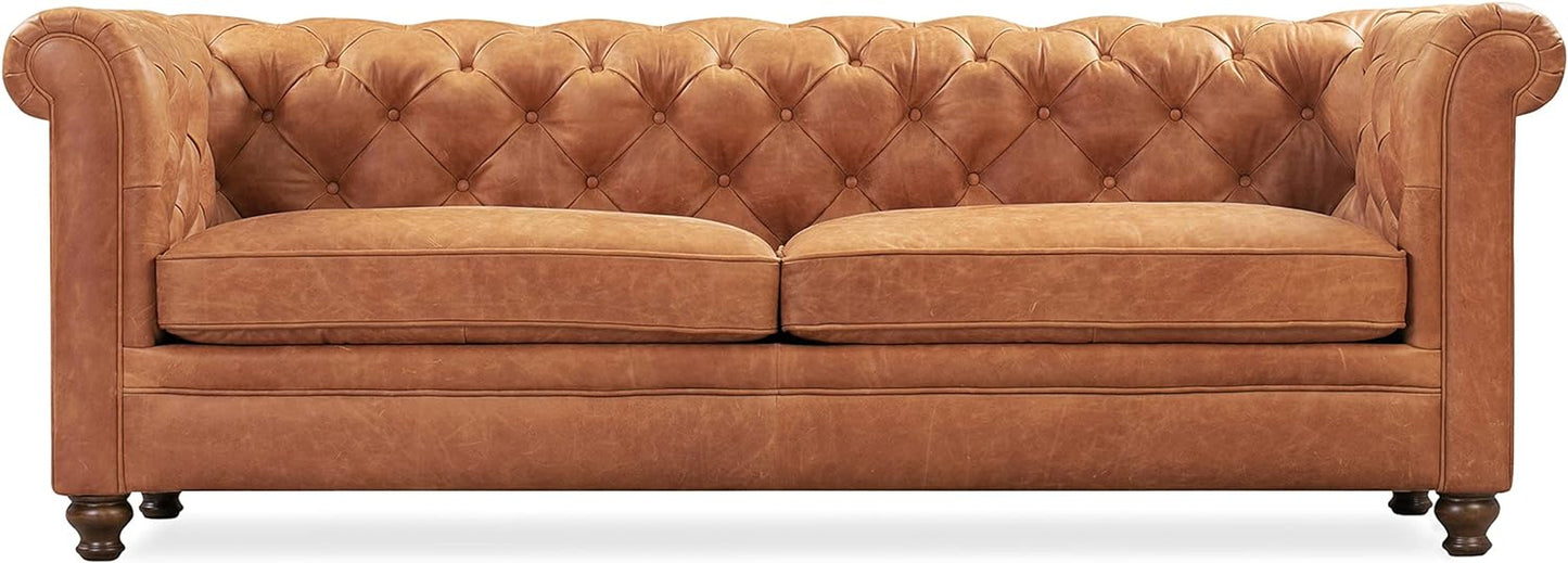 Lyon 87.4 Inch Cognac Tan Sofa Full Grain Leather Finish