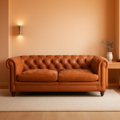Lyon 87.4 Inch Cognac Tan Sofa Full Grain Leather Finish