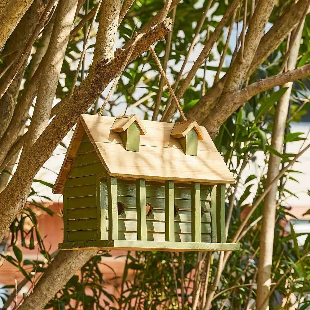 Green Wood Garden Bird House with 1 Compartment and 4 Holes-0