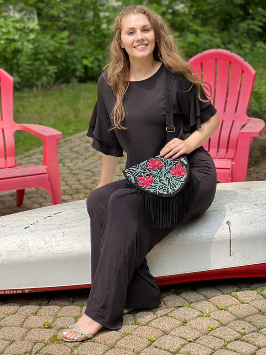 Handmade Green and Red Suede Embroidered Heart Shaped Bag