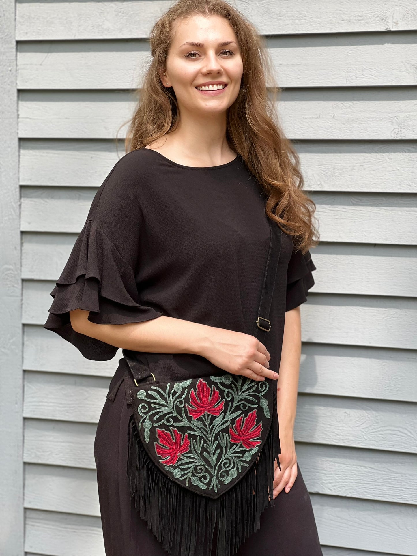 Handmade Green and Red Suede Embroidered Heart Shaped Bag