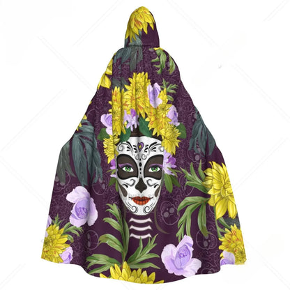 Unisex Hooded Cloak | Microfiber - SpookyVibe - Day Of The Dead Grey Monochrome