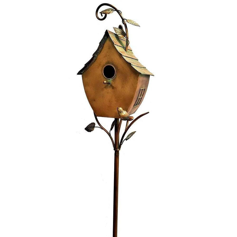 Outdoor Powder Coated Iron Birdhouse with 3-Prong Garden Stake in Copper Finish-0