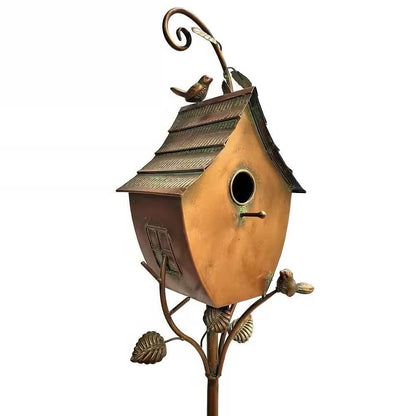 Outdoor Powder Coated Iron Birdhouse with 3-Prong Garden Stake in Copper Finish-2