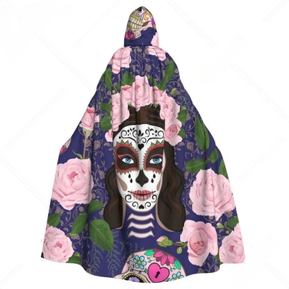 Unisex Hooded Cloak | Microfiber - SpookyVibe - Day Of The Dead Grey Monochrome