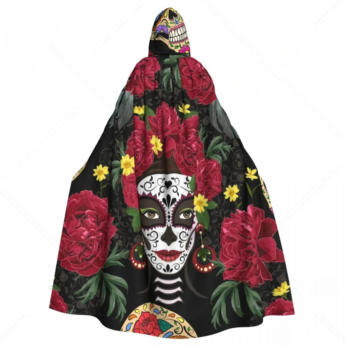 Unisex Hooded Cloak | Microfiber - SpookyVibe - Day Of The Dead Grey Monochrome