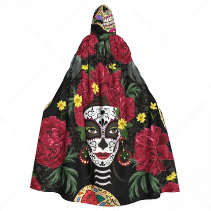 Unisex Hooded Cloak | Microfiber - SpookyVibe - Day Of The Dead Grey Monochrome