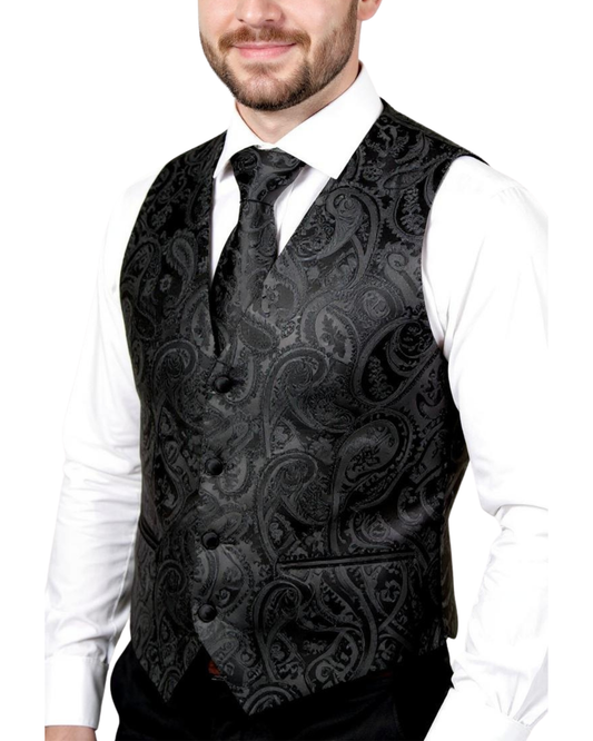 Ferrecci Mens PV350 - Black Paisley with Black Back Adjustable Vest Set