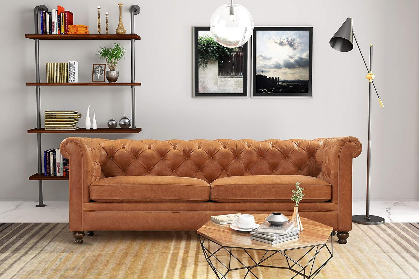 Lyon 87.4 Inch Cognac Tan Sofa Full Grain Leather Finish