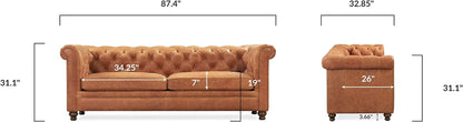 Lyon 87.4 Inch Cognac Tan Sofa Full Grain Leather Finish