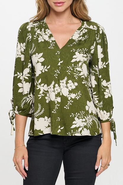 Floral Print V neck 3/4 Sleeve Top with Tie