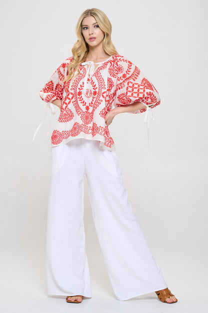 Embroidered Cotton V neck Half Puff Sleeve Top with Tie
