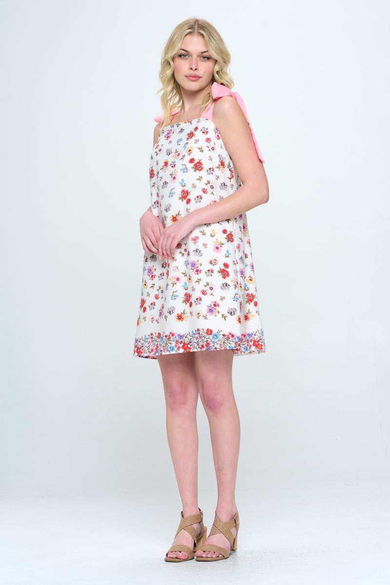 Border Print Floral Dress with Bow Detail
