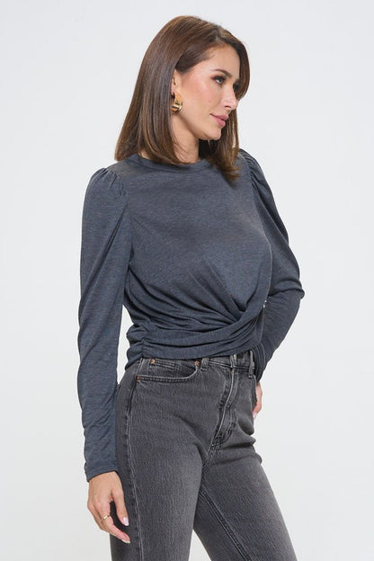 Knit Top with Puff Long Sleeve and Front Twist