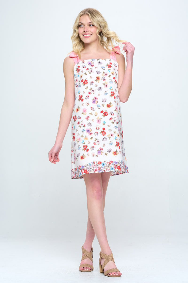 Border Print Floral Dress with Bow Detail