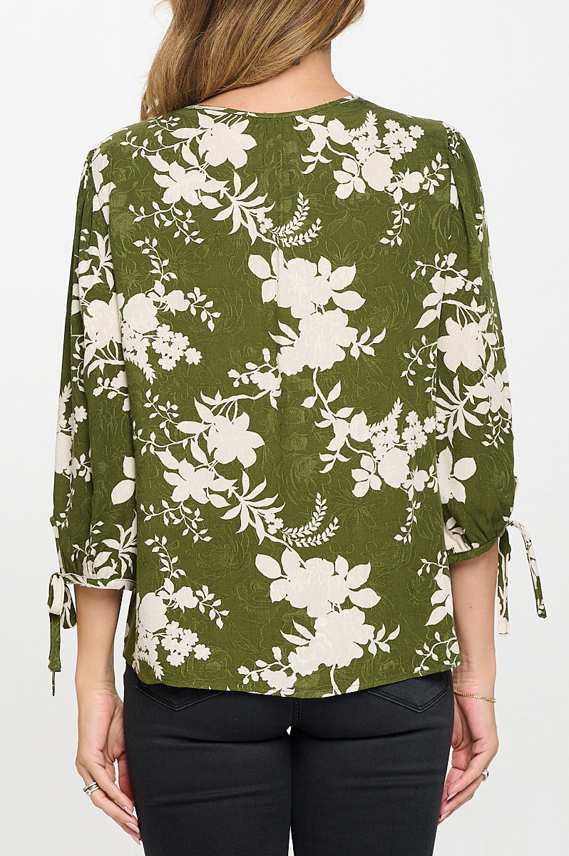 Floral Print V neck 3/4 Sleeve Top with Tie