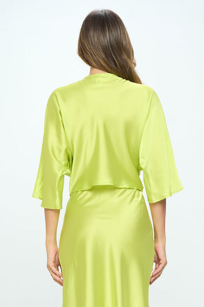 Satin Vibrant Short Sleeve Top with Front Twist