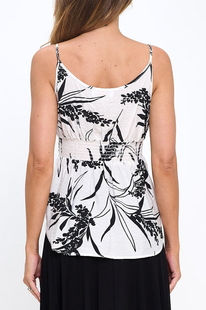 Leaf Print Spaghetti Strap Top with Smock Detail