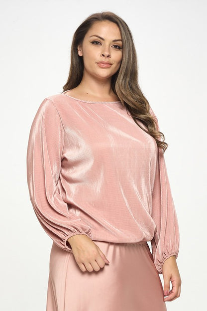 Plisse Solid Round neck Top with 3/4 Sleeve
