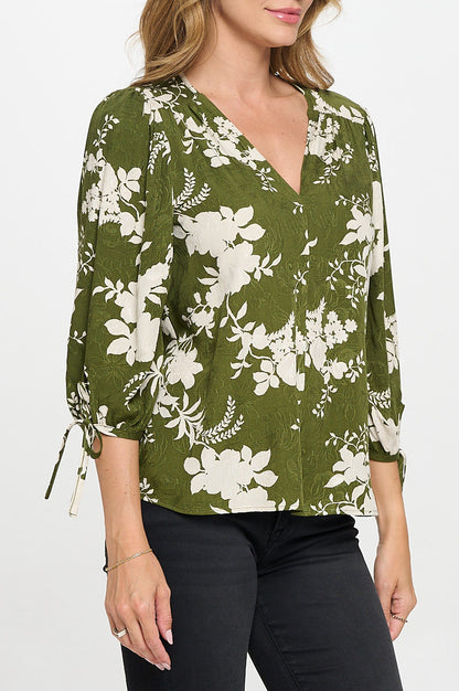 Floral Print V neck 3/4 Sleeve Top with Tie
