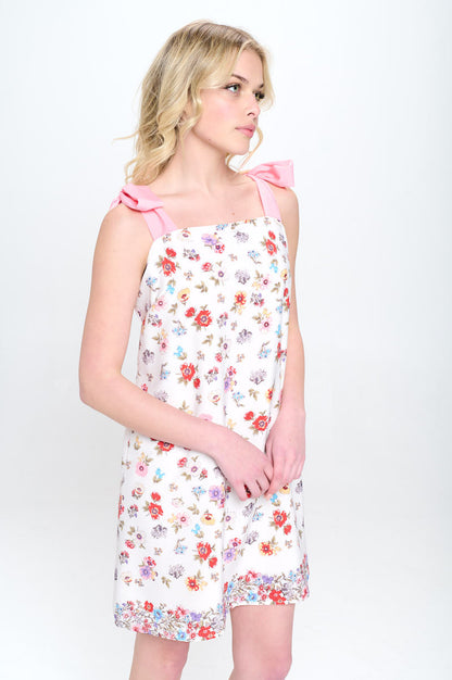 Border Print Floral Dress with Bow Detail