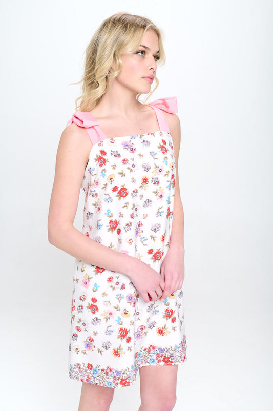 Border Print Floral Dress with Bow Detail
