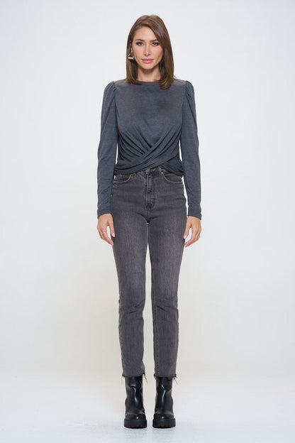 Knit Top with Puff Long Sleeve and Front Twist