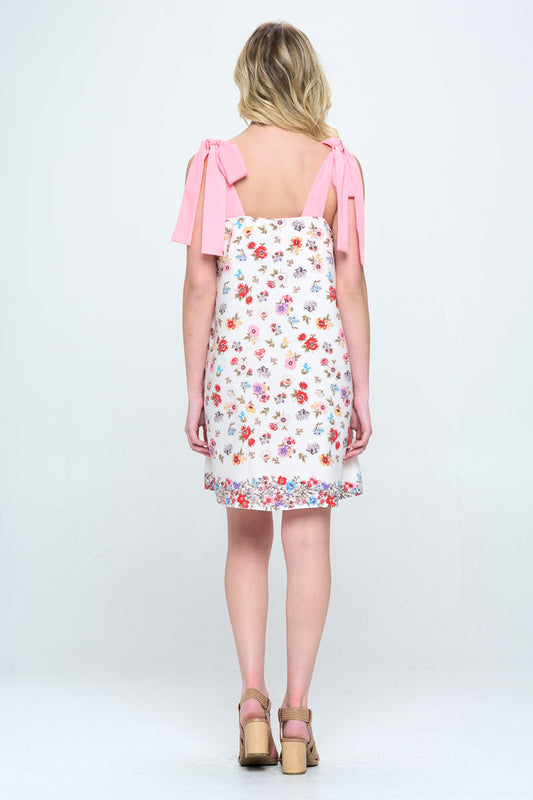 Border Print Floral Dress with Bow Detail