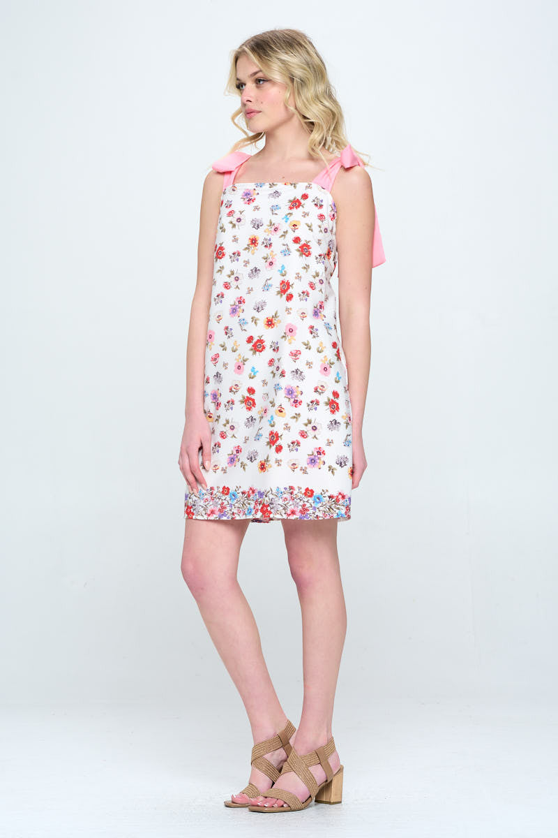 Border Print Floral Dress with Bow Detail