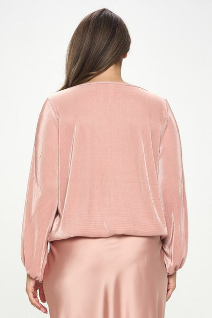 Plisse Solid Round neck Top with 3/4 Sleeve